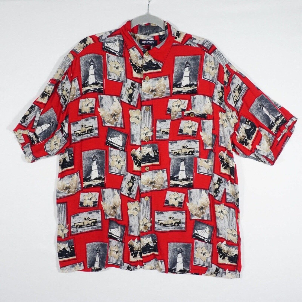 Puritan Mens Shirt Size Large 42/44 Button Front Pocket Collared Red Rayon